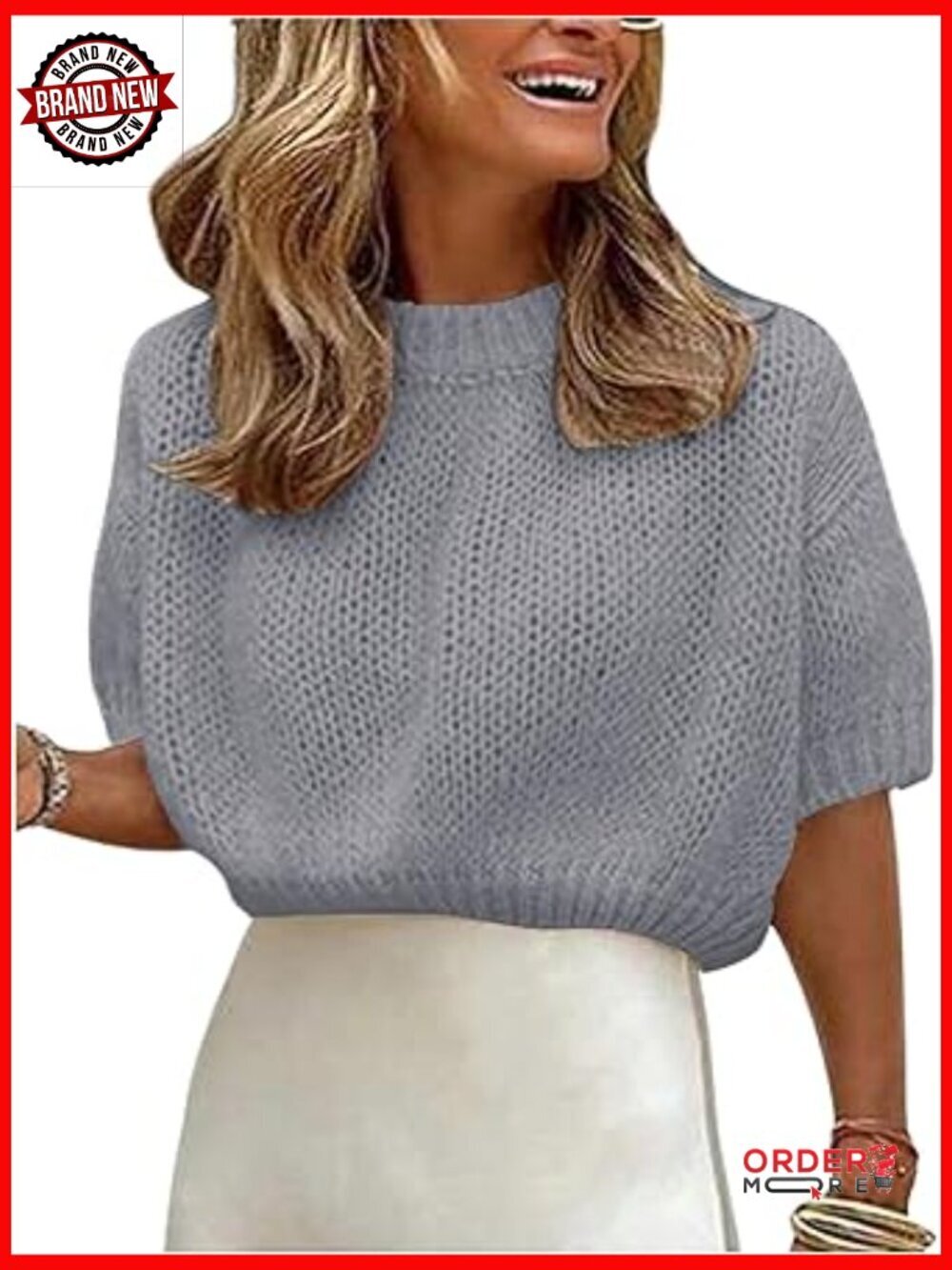Puff Sleeve Crewneck Knit T-Shirt Sweater Loose Fit Pullover Crop Top